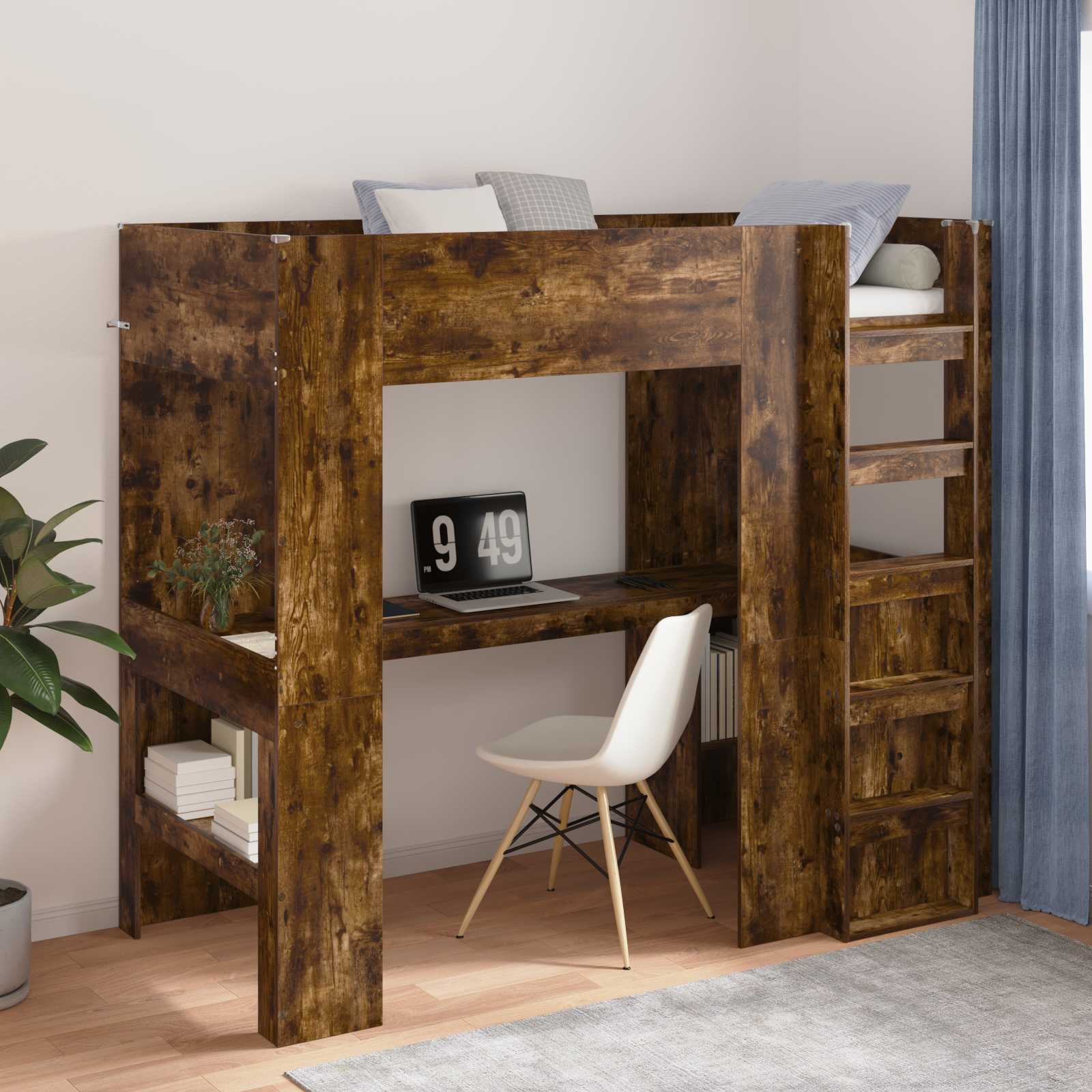 Loft-Stil Etagenbettgestell mit Schreibtisch Geräucherte Eiche