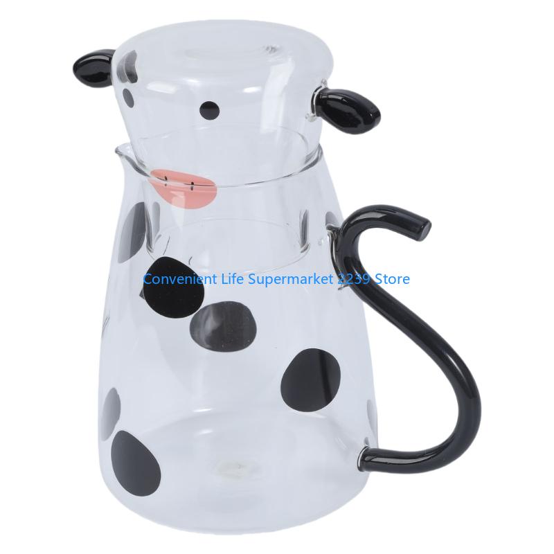 Cow Shaped Borosilicate Glass Pitcher with Cup Milk Carafe Heat Resistant Beverage Dispenser for Kitchen Bedsides small