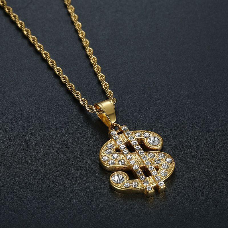 Hip Hop Schmuck Titanstahl Vergoldet Diamantbesetzt Dollar Anhänger Halskette