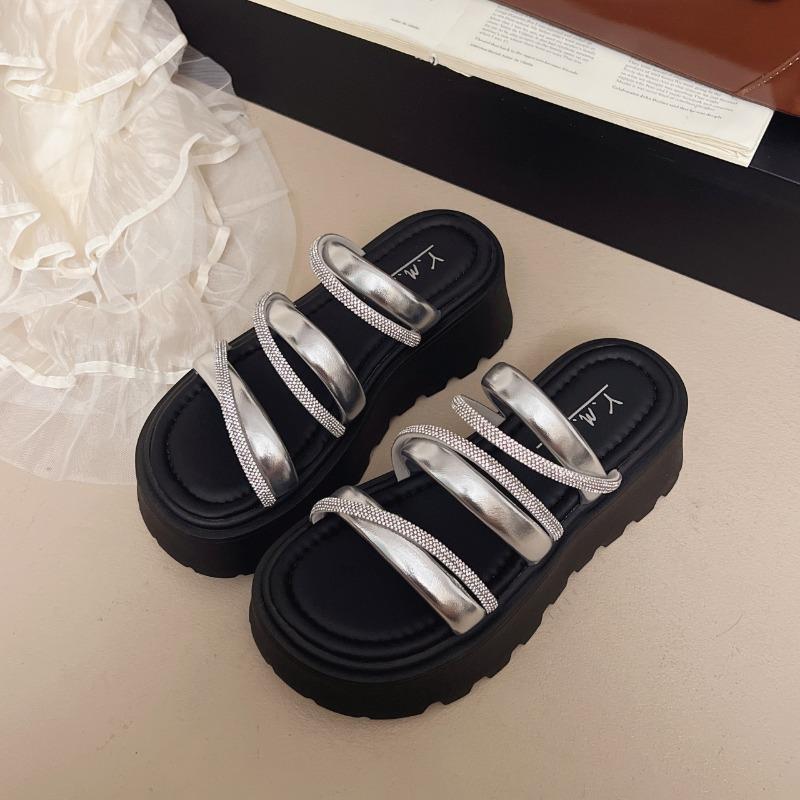 

New rhinestone platform slippers women s summer wear versatile high-heeled wedge heel muffin sandals 40 серебряный