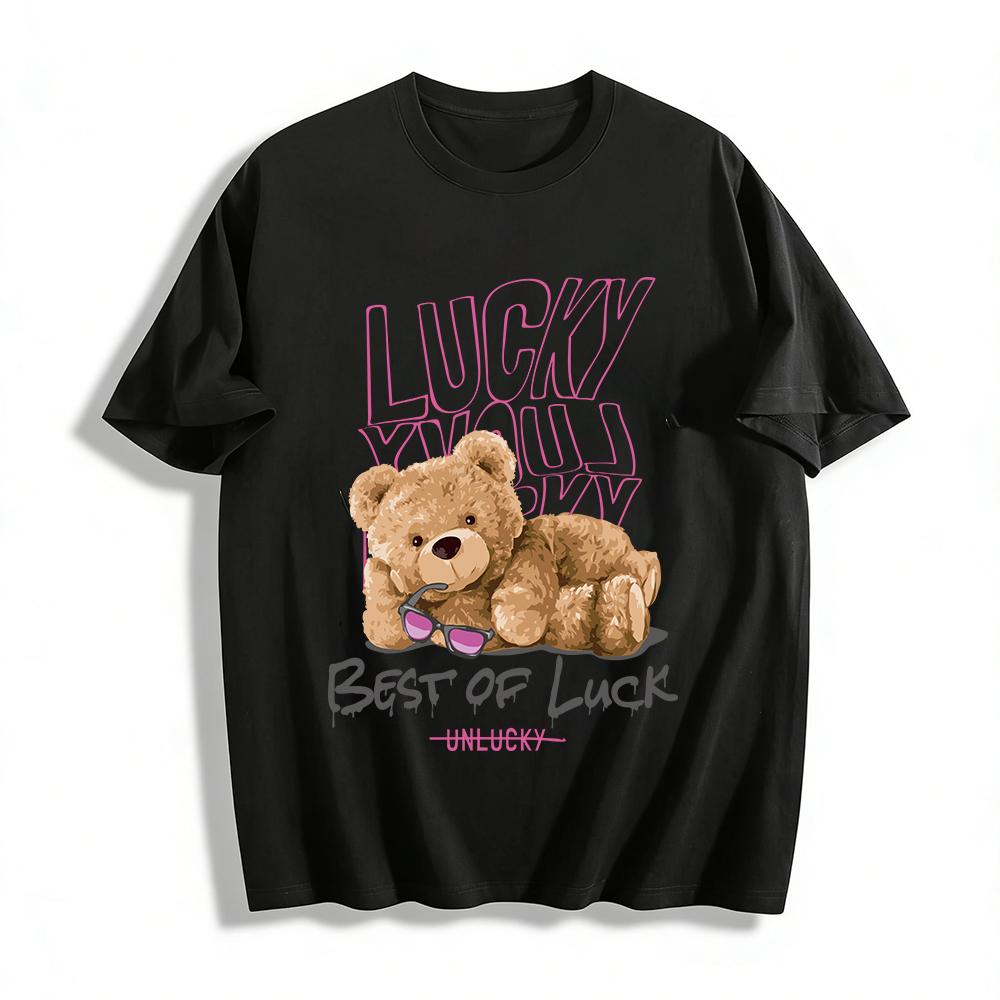 

Funny Lucky Bear Print T-shirt Unisex Casual Trendy Top With Humorous Text For Daily Wear Pure cotton T-shirt XXS