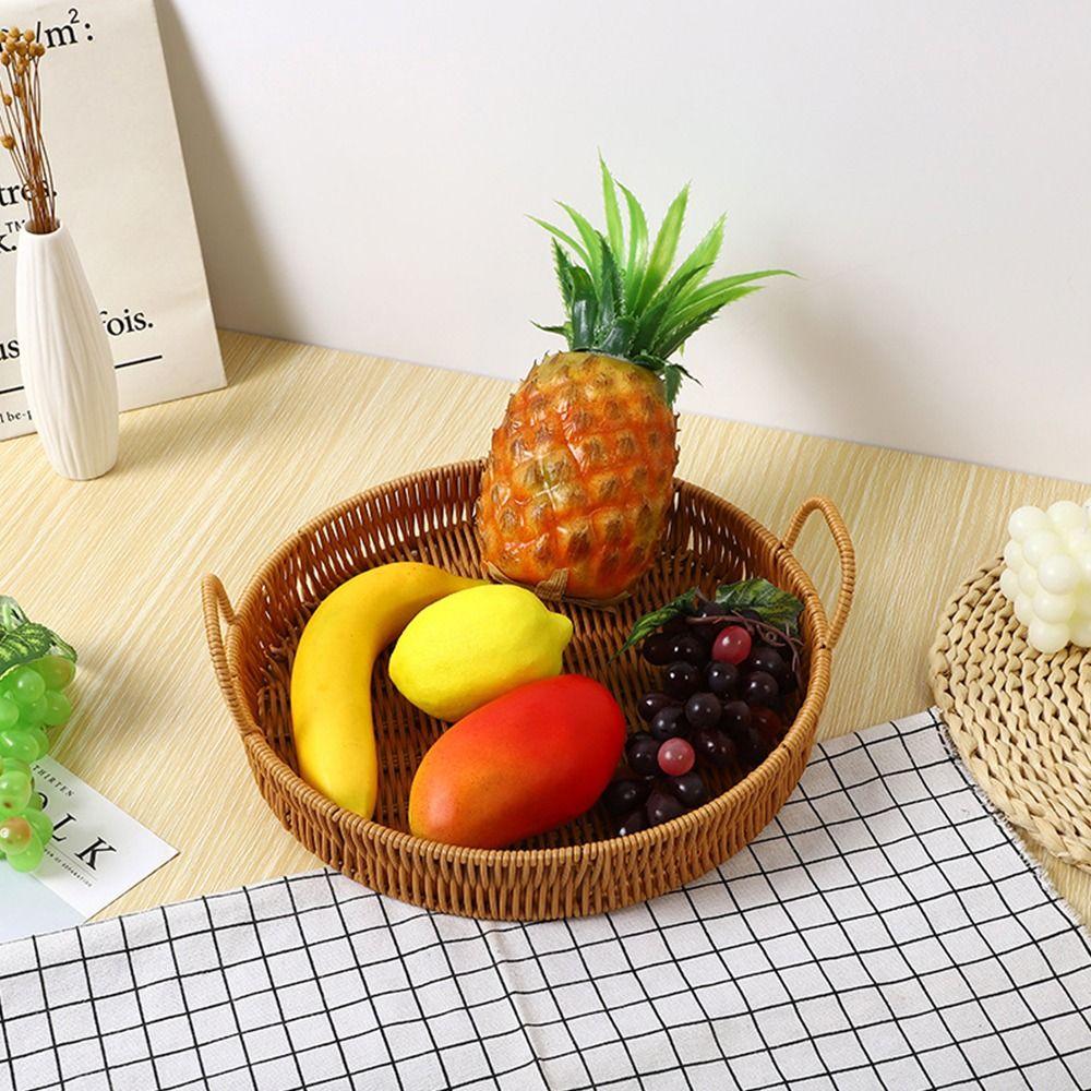 1Pcs Round Shape Storage Tray Breakfast Bread Food Plastic Rattan Threads Basket