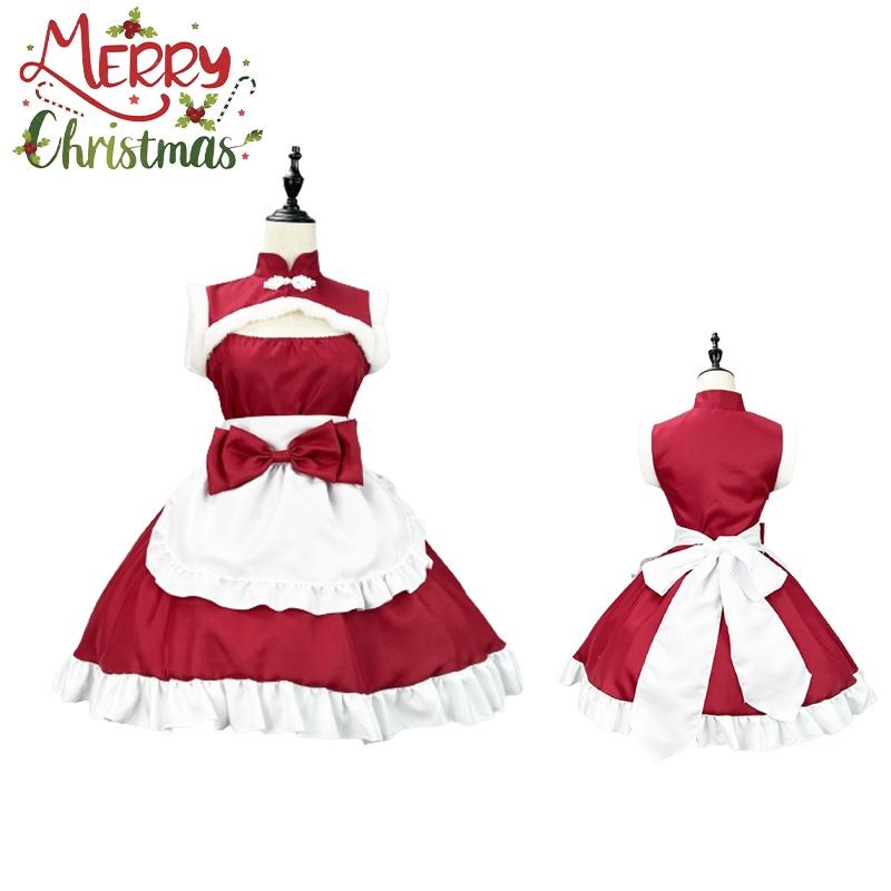 Christmas Woman Sexy Maid Outfit Santa Cosplay Costumes Bow Lolita Wine 5xl Red