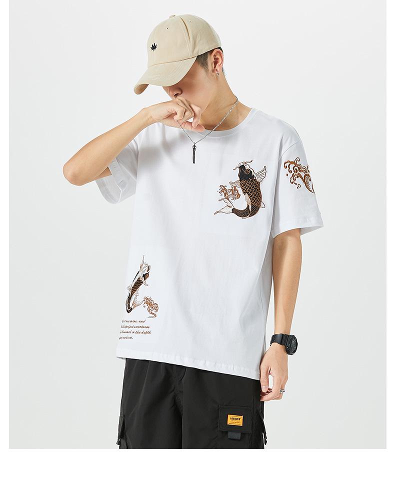 Pánské etnické bavlněné tričko s výšivkou kapra, krátký rukáv, volný střih, nadměrná velikost, styl národní vlny