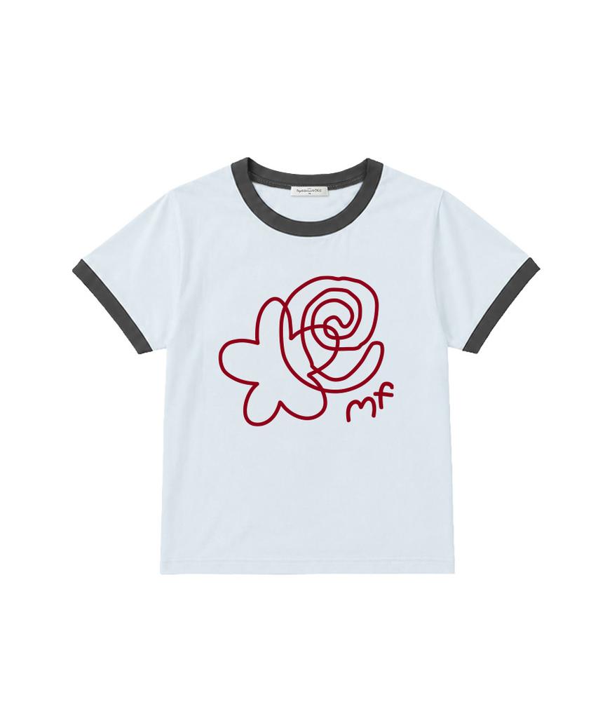 Deomopeuhauseu Doodle Flower Ringer Short Sleeve T-Shirt Light Blue