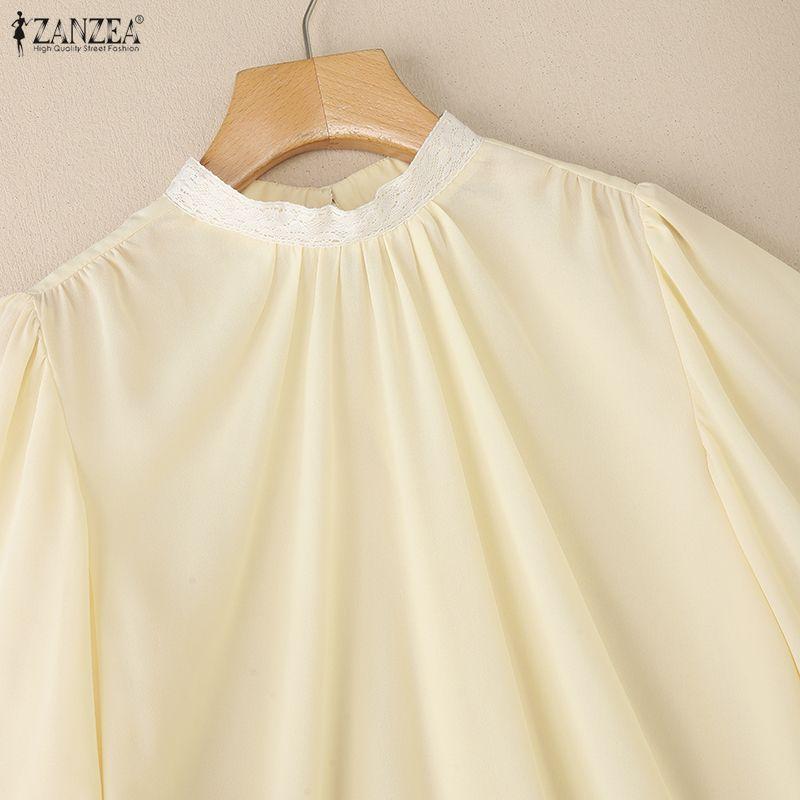 ZANZEA Women Casual Round Neck Lace Splice 3/4 Sleeve Loose Blouse
