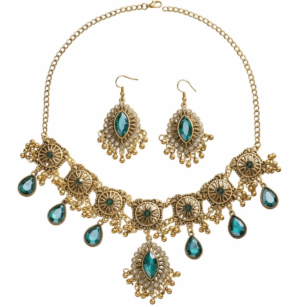 Metal Necklace Earrings Set Bohemia Style Ethnic Style Necklace Set Rhinestone Jewelry Set Women