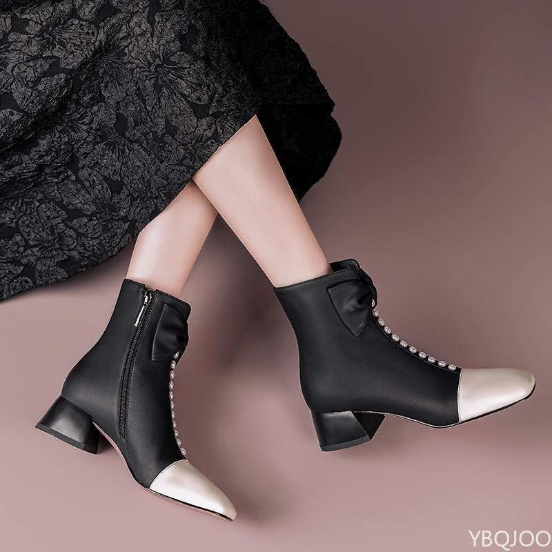 winter Thick heeled square toe side zipper short boots with butterfly bow anti slip warm temperament versatile women's shoes