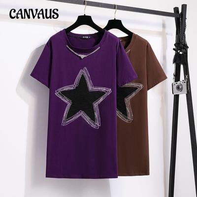 Verão Plus Size Camiseta Feminina Solta Gola Redonda Moda Estrela Médio Longo Manga Curta Top