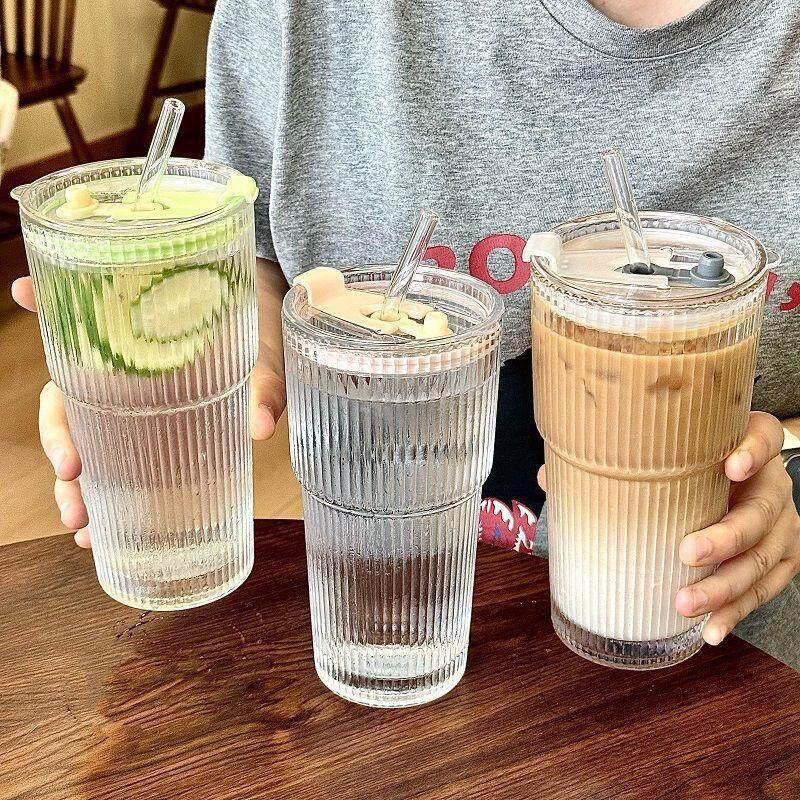 Stripe Glass Drinkware Cold Coffee Cups Transparent Latte Coffee Glass Iced Water Bottle Wine Cocktail Glass Cups Kitchen Gifts
