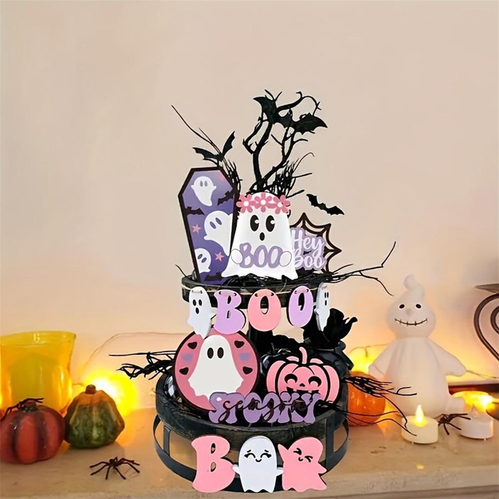 Halloween Party Decor Set with 14pcs Cute Ghost Pumpkin Wooden Signs Ornaments for Home Table Tiered Tray Supplies