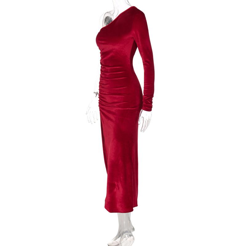 Women Elegant Long Sleeve Party Evening Velvet Bodycon Split Pencil Midi Dress 2022 Spring Autumn Clothes