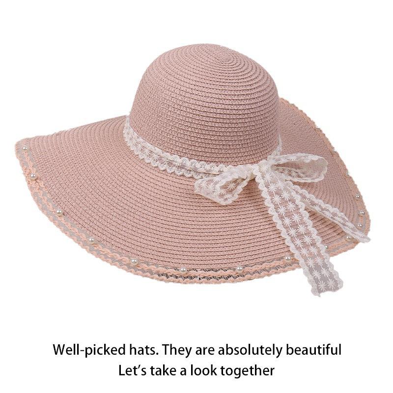 Hepburn wind flat top sunscreen straw hat women's summer big brim sunshade bucket hat seaside vacation beach sun hat