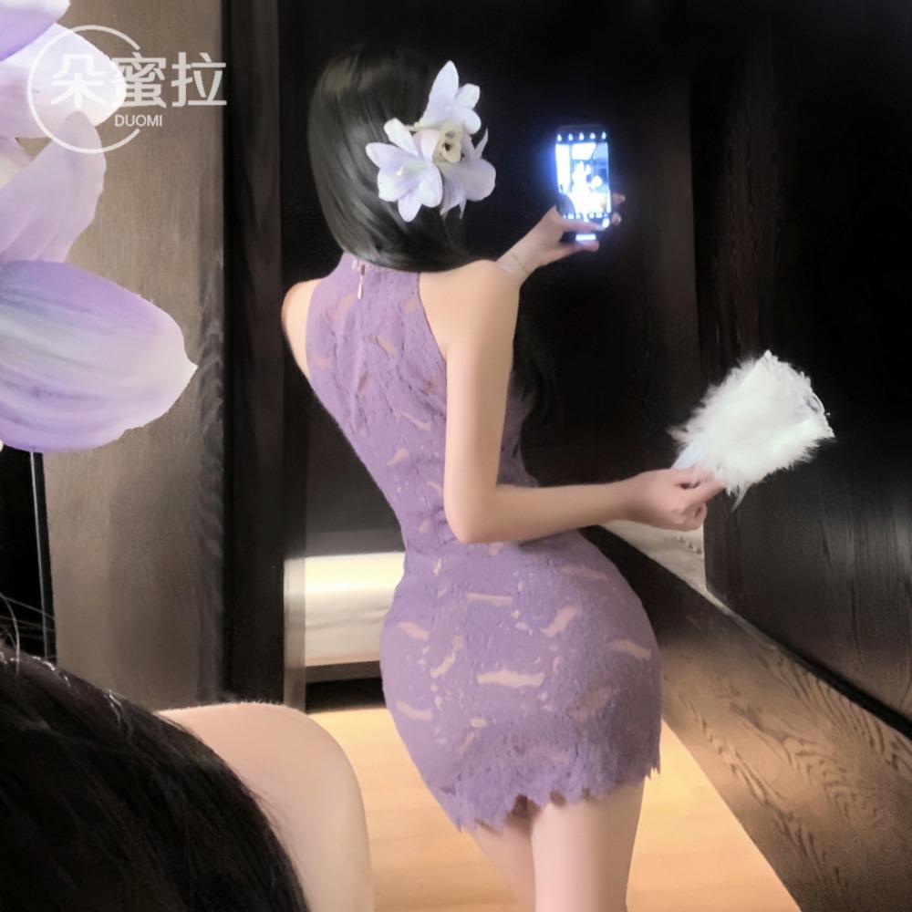 Domila Sexy New Chinese Buckle Lace Stand-up Collar Cheongsam Pure Desire Hot Girl Purple Neck Sex Underwear Women
