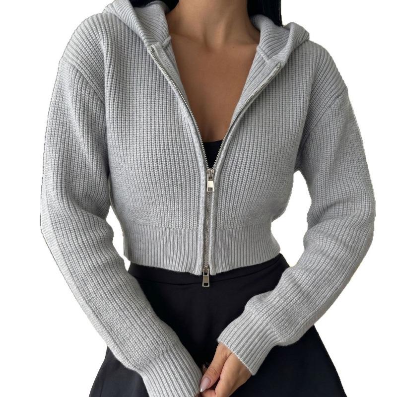 Women Waffle Textured Short Hooded Knit Double Zipper Cardigan Sweater Outerwear