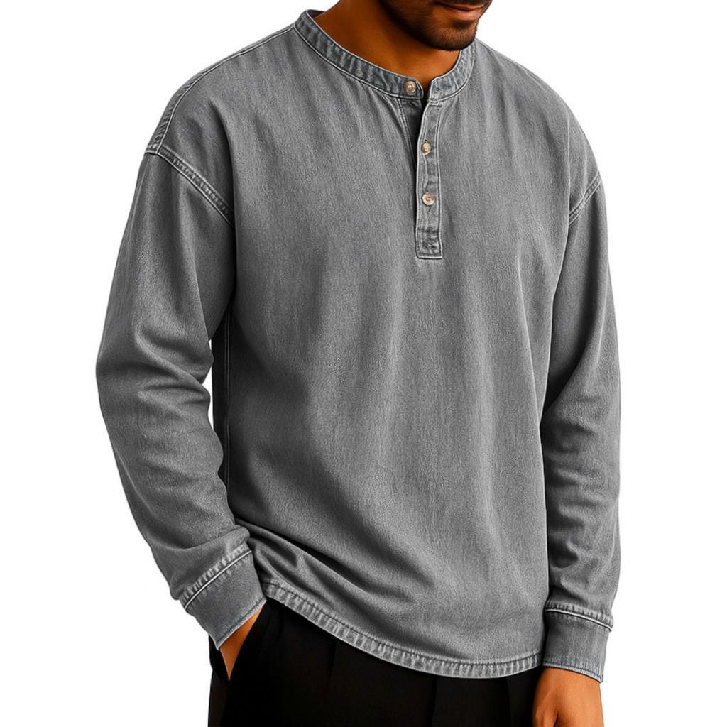 Men's Solid-color Casual Washable Retro Round-neck Slim Long-sleeved Top
