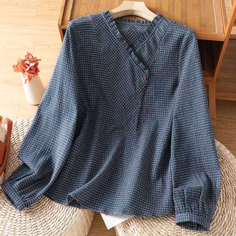 

Женские пуловеры с длинными рукавами, осенне-зимняя хлопковая блузка, оверсайз, удобная клетчатая хлопковая рубашка, круглый вырез, свободные топы XXXL синий