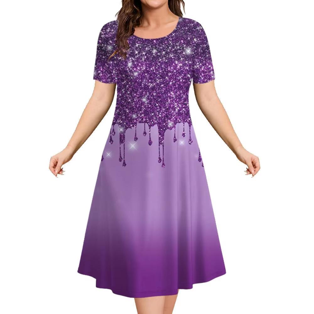 Elegant Women Short Sleeve Fashion 3d Print Midi Dress Plus Size Beach Clothing