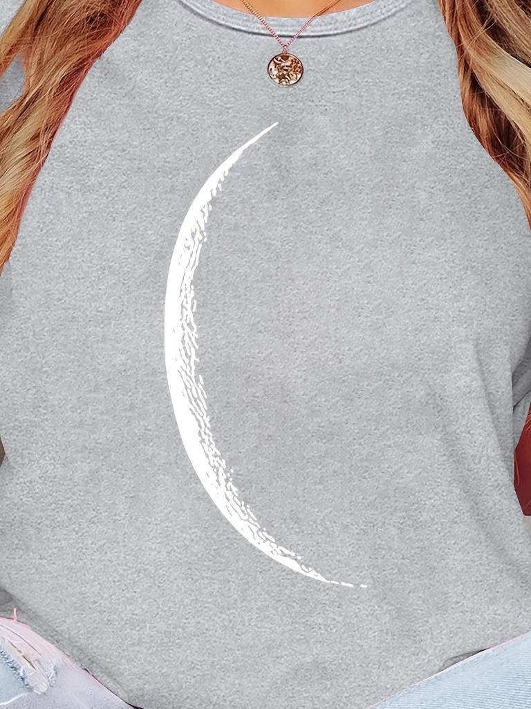 Women's Casual Crew Neck T-Shirt with Crescent Moon Print Solid Short Sleeve Knit Top Y2K Style Moon Graphic Shirt