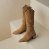 Krazing Pot Cow Suede Winter Round Toe Thick Med Heels Modern Boots Women Zipper Pleated Decoration Thigh High Boots