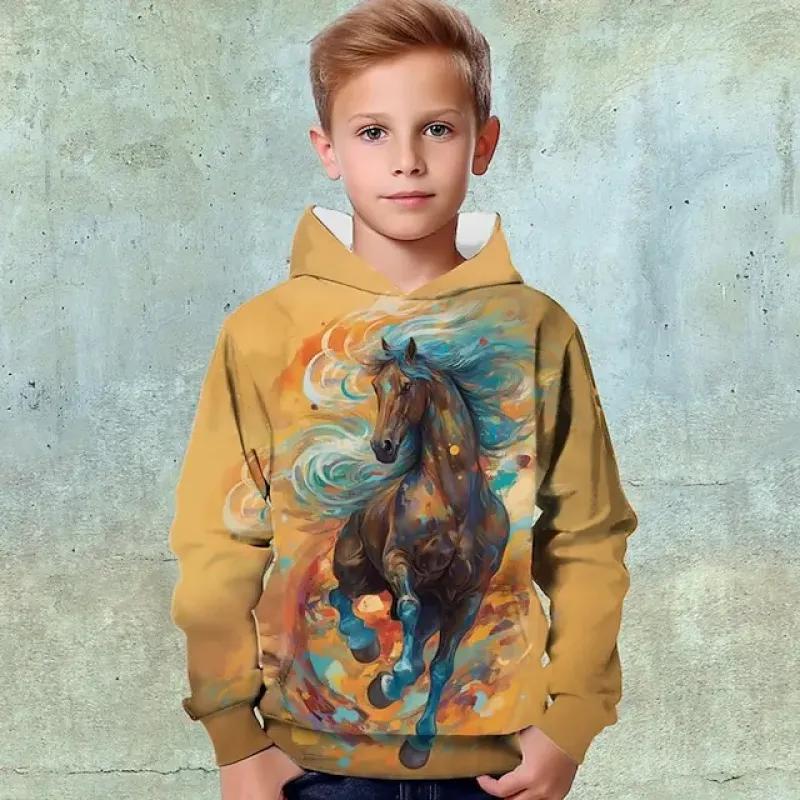 

Толстовка с 3D графикой животных и лошадью для мальчиков, толстовка с длинными рукавами и 3D принтом, осенне-зимняя модная уличная одежда, крутая полиэстеровая одежда для детей 4–14 лет 160CM