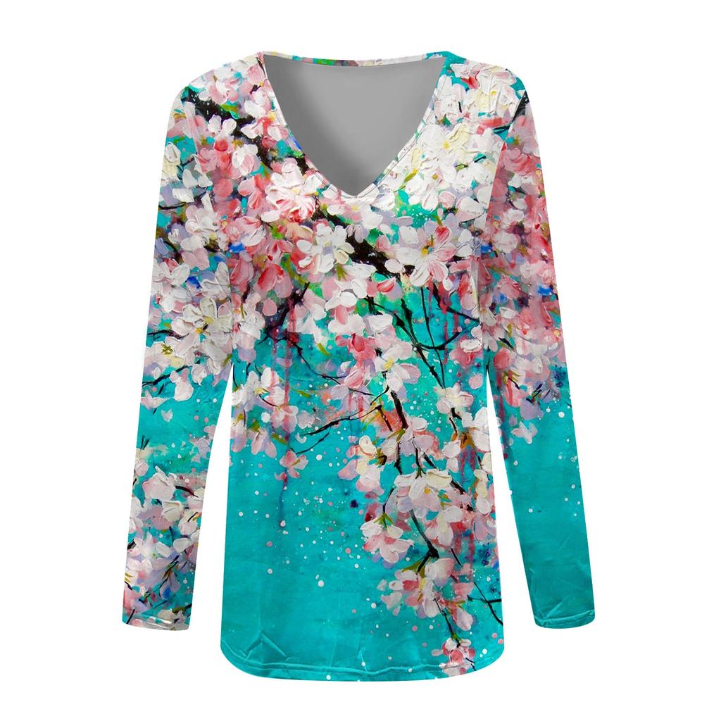 Women's Casual V-Neck Gradient Print Loose T-Shirt Pullover Long Sleeve