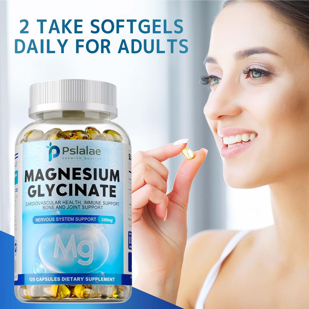 Pslalae Magnesium Glycinate Complex Softgels, 500mg, with Vitamin D3 and Zinc, 120 Count, Vegan