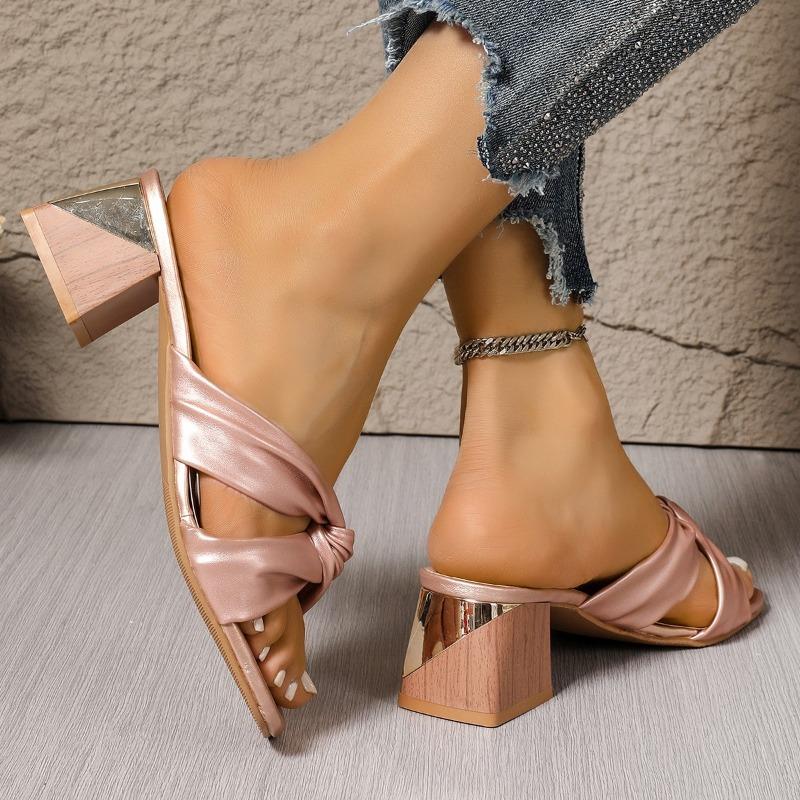 2025 Women Genuine Leather Sandals Mid Heel Shoes Square Toe Pleated Thick Heels Ladies Footwear Summer Apricot Beige 33-43