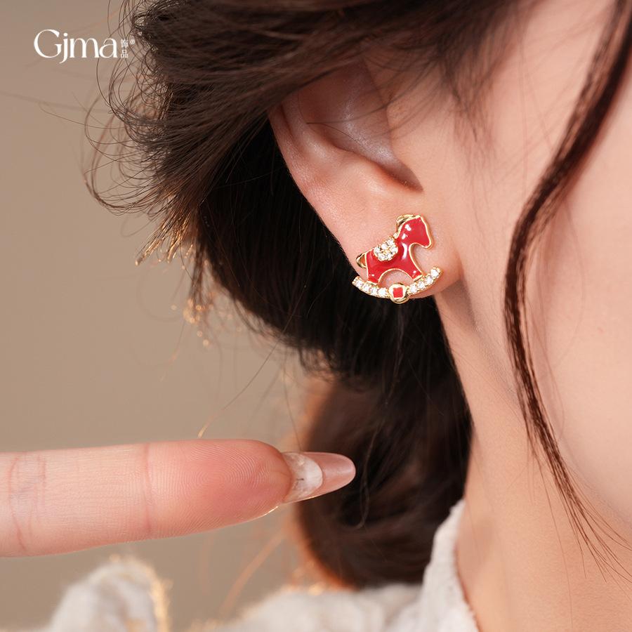 18k Real Gold Electroplated Red Oil Dripping Zircon Pony Stud Earrings Natal Year Earrings New Chinese Niche Earrings