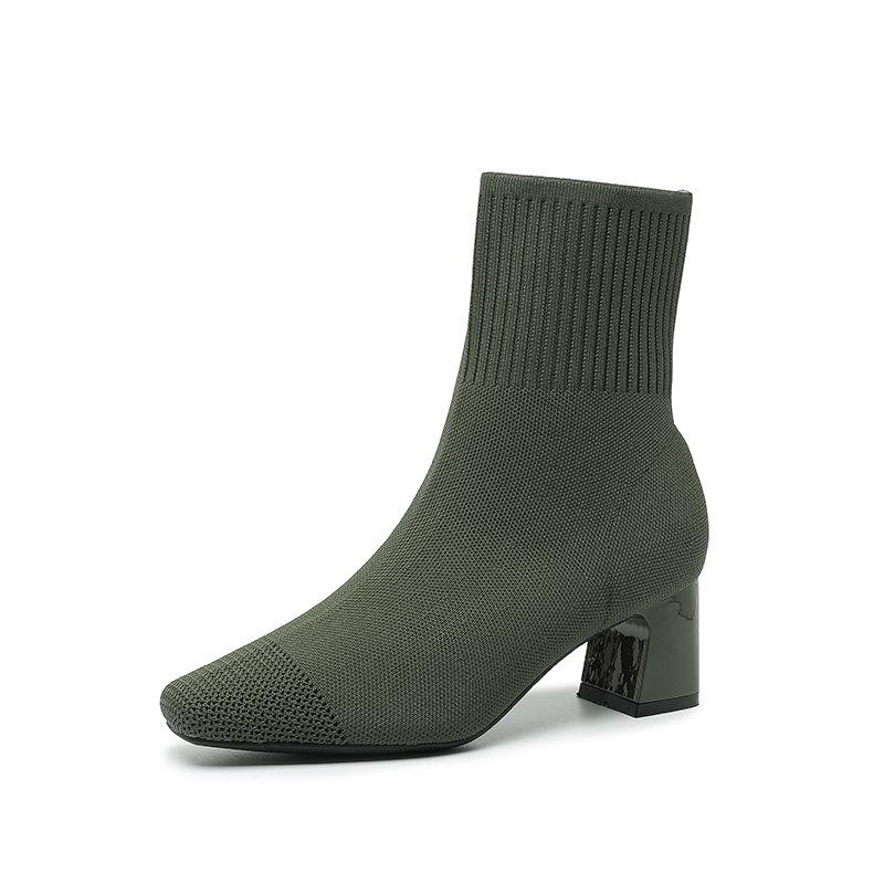 Socken-Stiefeletten für Damen, niedriger, klobiger Blockabsatz, dehnbare Slip-on-Booties, bequeme Chelsea-Stiefel aus elastischem Strick mit quadratischer Zehenpartie für Damen