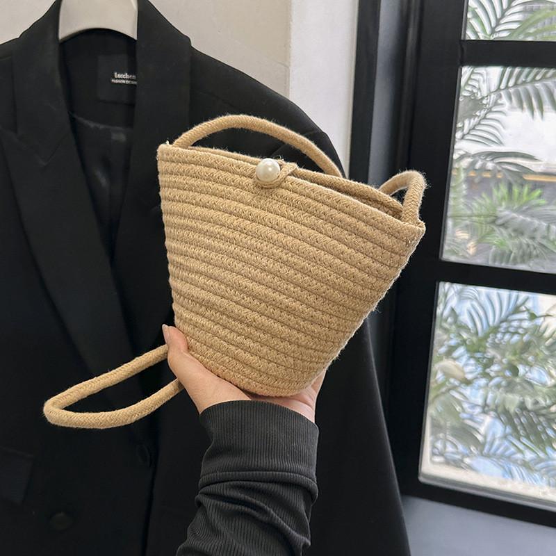 Elegant Soft Woven Bucket Bag For Women Casual Summer Style Shoulder Handbag In Khaki Red And Colorful