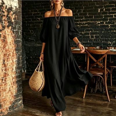 European and American One-word Shoulder Bubble Sleeve Texture Solid Color Dress Women, Loose and Big Pendulum Holiday Beach Long Drape