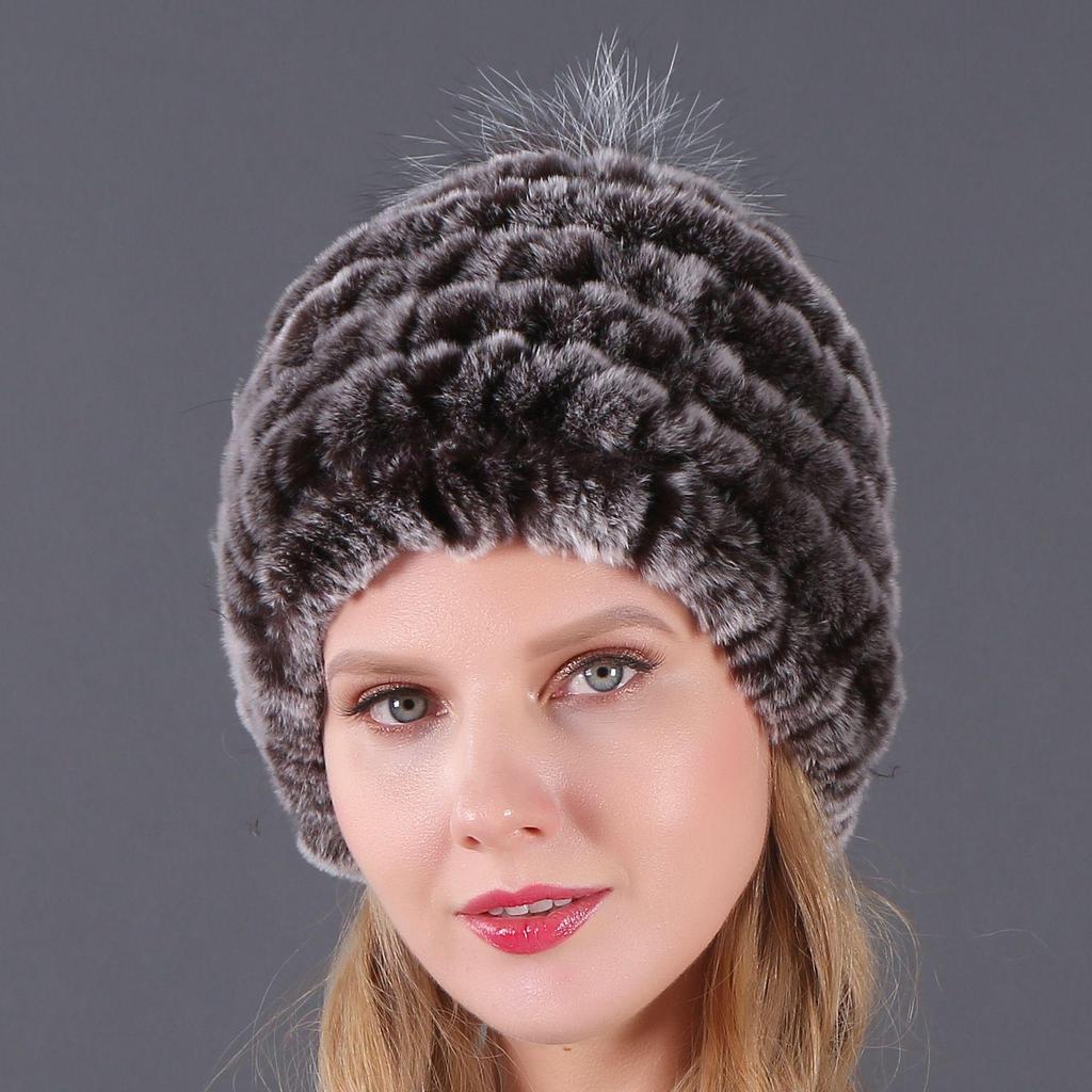 Women's Fur Hat with Rex Rabbit and Fox Fur Pompon for Autumn and Winter