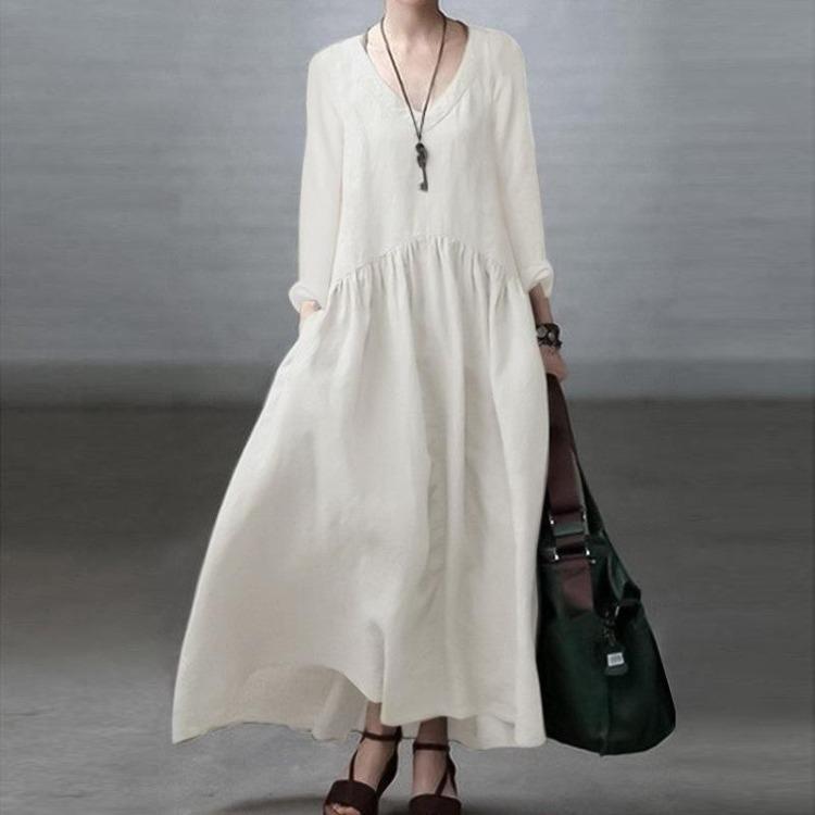 Elegant Long Sleeve V Neck Sundress Women Casual Loose Long Dress Solid Color Fashion