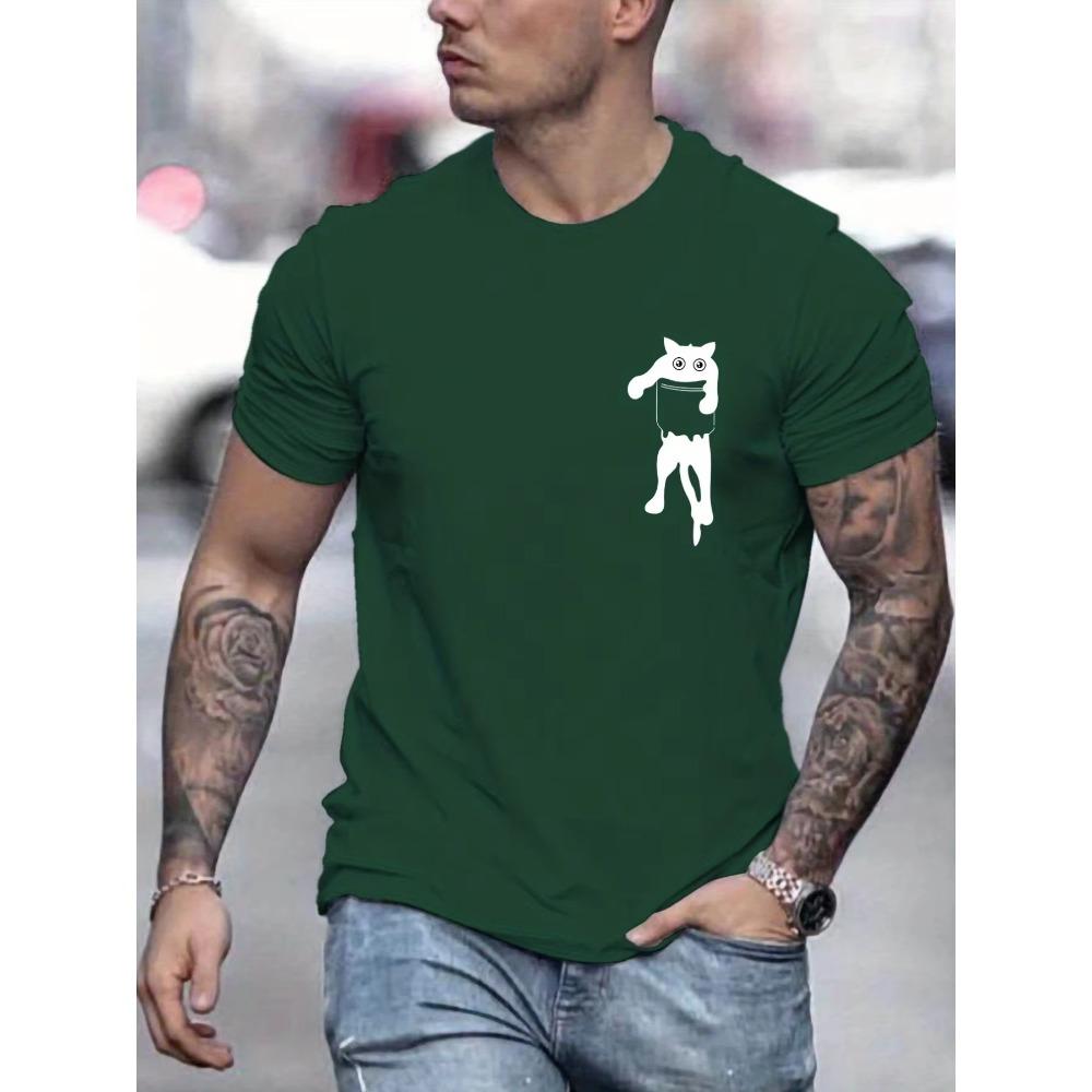 Cat Round Neck T-shirts, Causal Graphic Tees, Short Sleeves Slim Fit Tops, Men's Summer Clothing