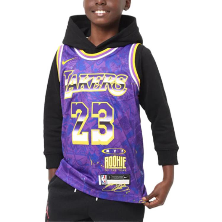 Nike T-Shirt Buchstabenaufdruck Rundhalsausschnitt Pullover Sport Basketball Trikot Los Angeles Lakers James 23 Kinder Tops Lila DQ3435-504