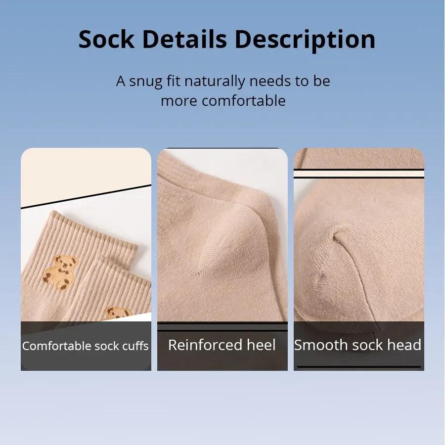 5 Pairs of Cute Bear Socks for Girls, Pure Cotton Warm Brown Socks, Cute Kawaii Cartoon Warm Socks, Sports Shoes Matching