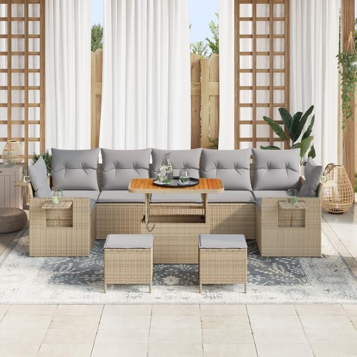 Ensemble de Canapés de Jardin 10 Pièces avec Coussins Beige Rattan Poly Acacia, Ensemble de Dîner 3 Pièces avec Coussins 3361732