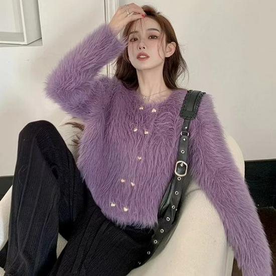 Women's Autumn/Winter Faux Mink Velvet V-Neck Loose Short Sweater Coat - Soft, Thick, Knitted Cardigan, Small Size