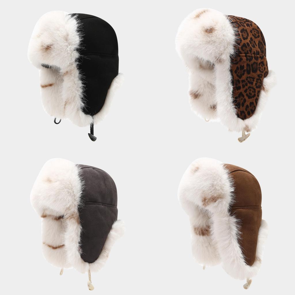 Leopard Print Fluffy Leather Winter Beanie With Windproof Ear Cover For Men And Women