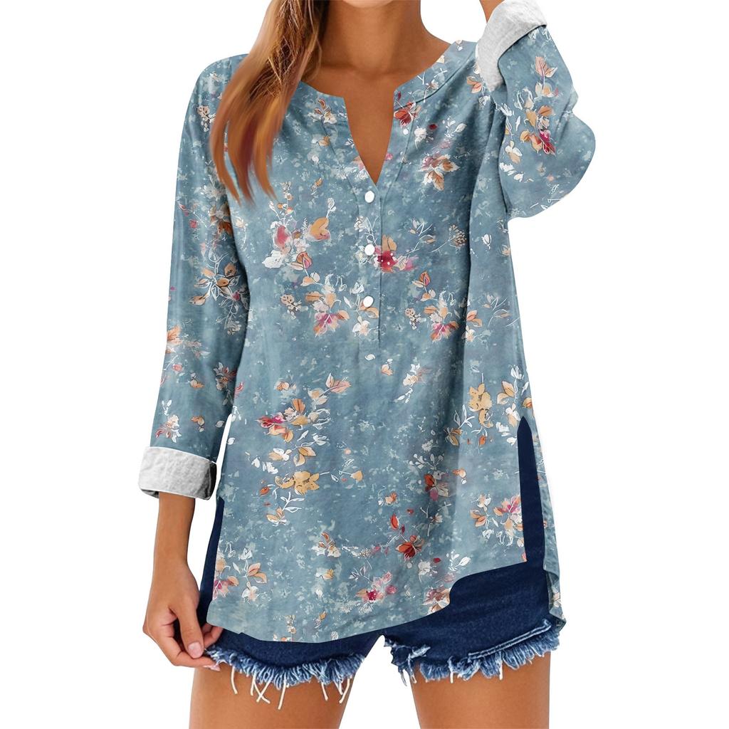 Women's Loose Floral Print Stand Collar Long Sleeve Cotton And Linen Top