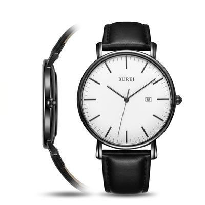 BUREI Mens Watch Made Japan Quartz Thin Leather Analog Simple Waterproof Stylish Commuting (black-white) Parallel Import