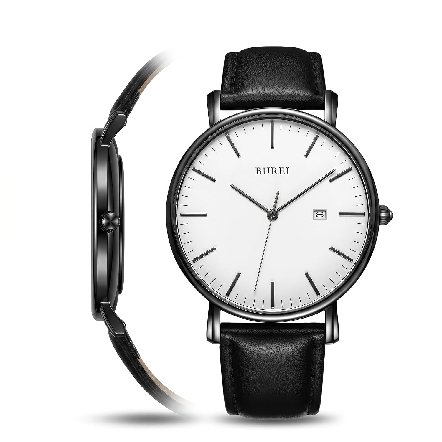 BUREI Mens watch made Japan quartz thin leather analog simple waterproof stylish commuting (black-white) parallel import
