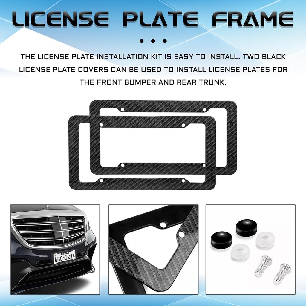 2PCS Carbon Fiber License Plate Frame, Waterproof Plastic Number License Plate Cover, Car Accessories Licence Plates Frame Holder with Fasteners and
