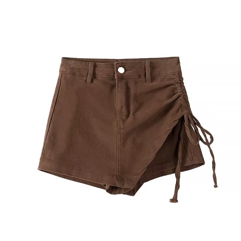 

Fashion Style High Waist Short Pantskirt Stylish Side Drawstring Ruffle Skinny Sheath Anti-Exposure Skirt Brown XL