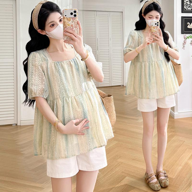 2026 Summer Tie-Dye Embroidery Maternity Two-Piece Set: Doll Shirt + Cool Shorts XL