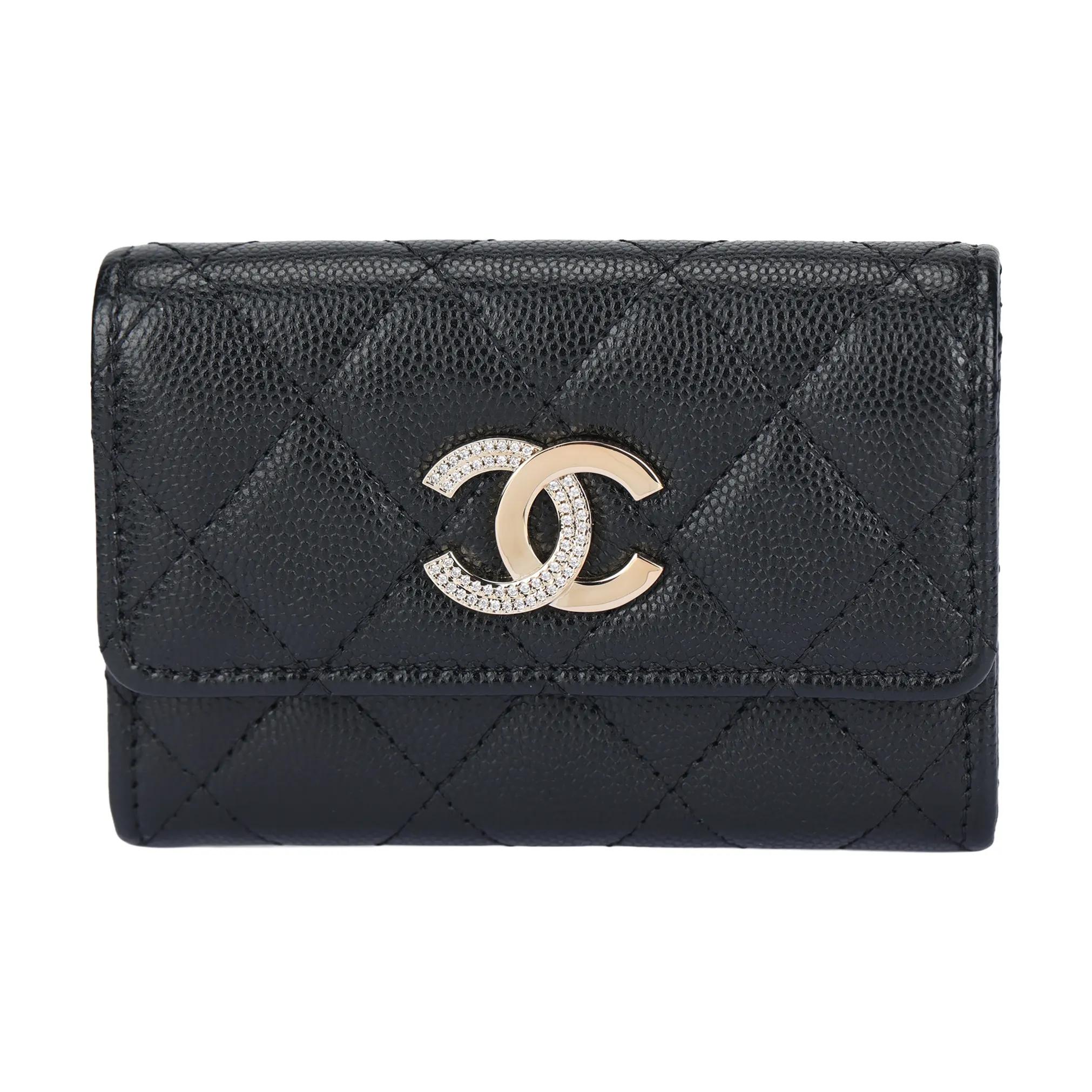 

CHANEL 24B Light Gold Buckle Diamonds Pattern Double C Logo Leather Wallet for Women Black One Size-Box(Basic Set+Box) чорний