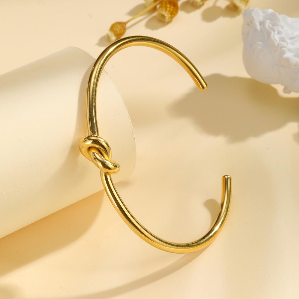 Women Open Cuff Bangle,  Tie The Knot Bangle Bracelet, Gold Plated Forever Love Knot Infinity Stainless Steel Jewelry