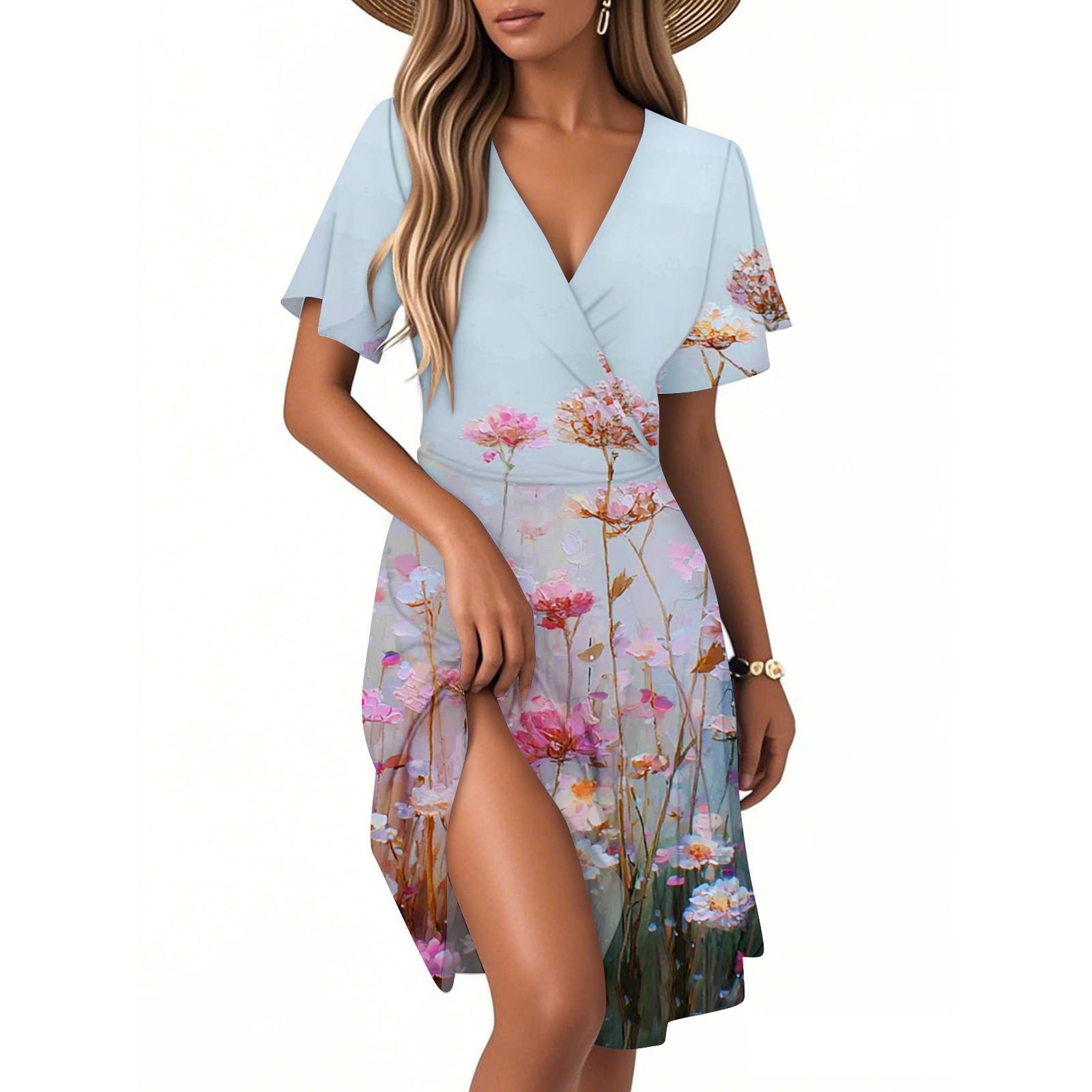 

Женское модное платье-сарафан с запахом и коротким рукавом, V-образным вырезом и цветочным принтом S