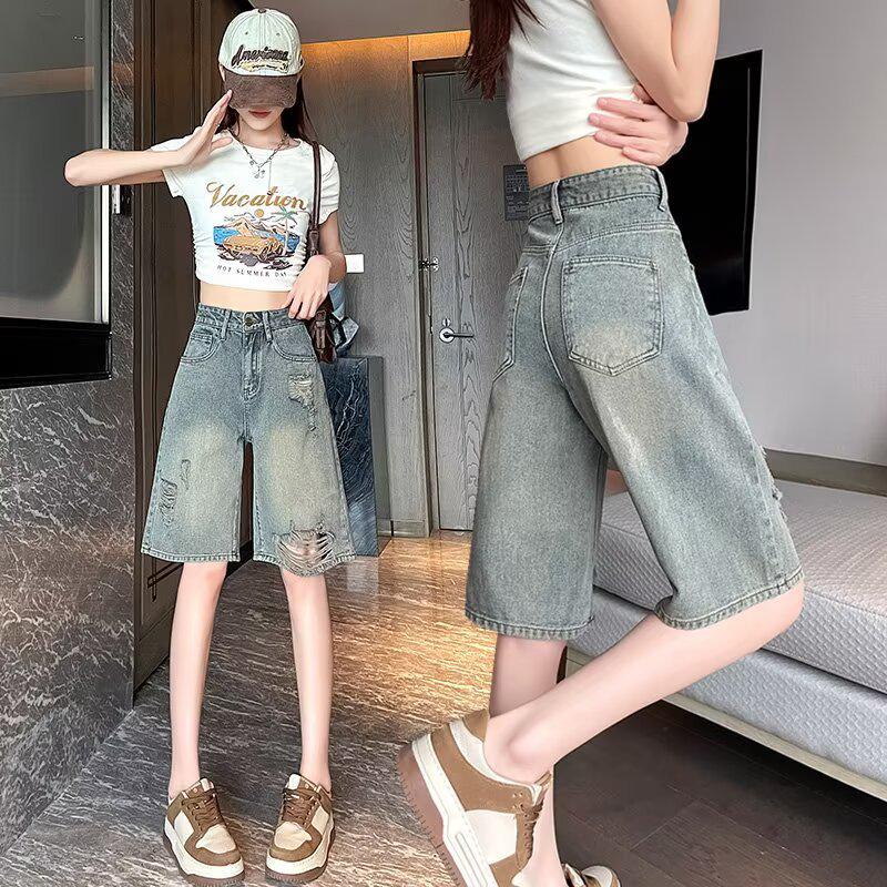 

Vintage Spicy Girl Distressed Denim Shorts - Women s Plus Size, Mid-Length, Wide-Leg Summer Style 3XL: 155-165cm (150-165 jin)